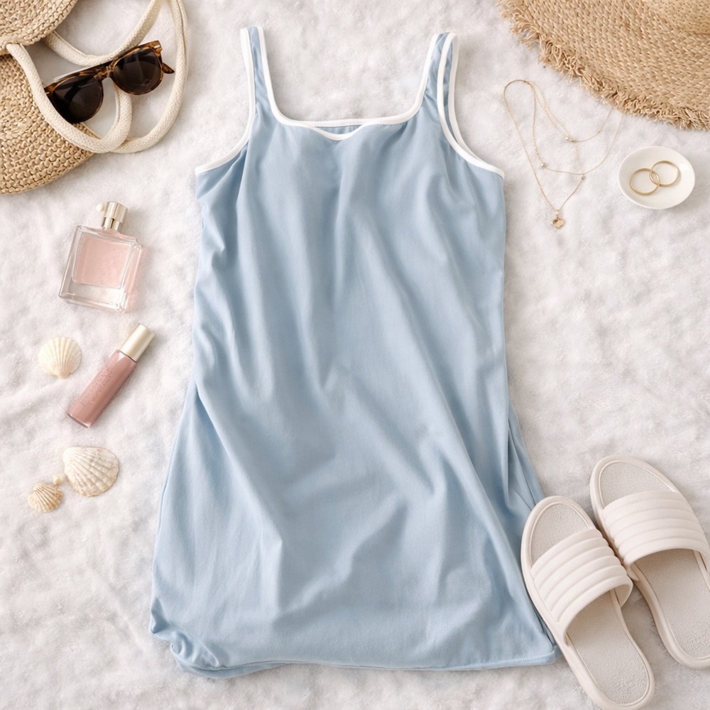 Light Blue Sleeveless Slip Dress with White Trim